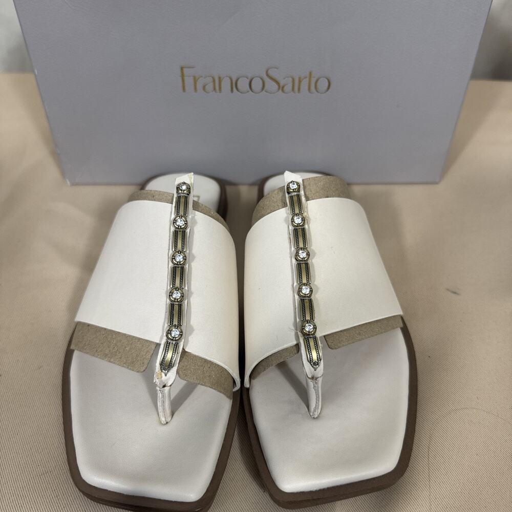 Franco Sarto Megs Womens 6 Cream Leather Jeweled Thong Sandals Coastal Resort